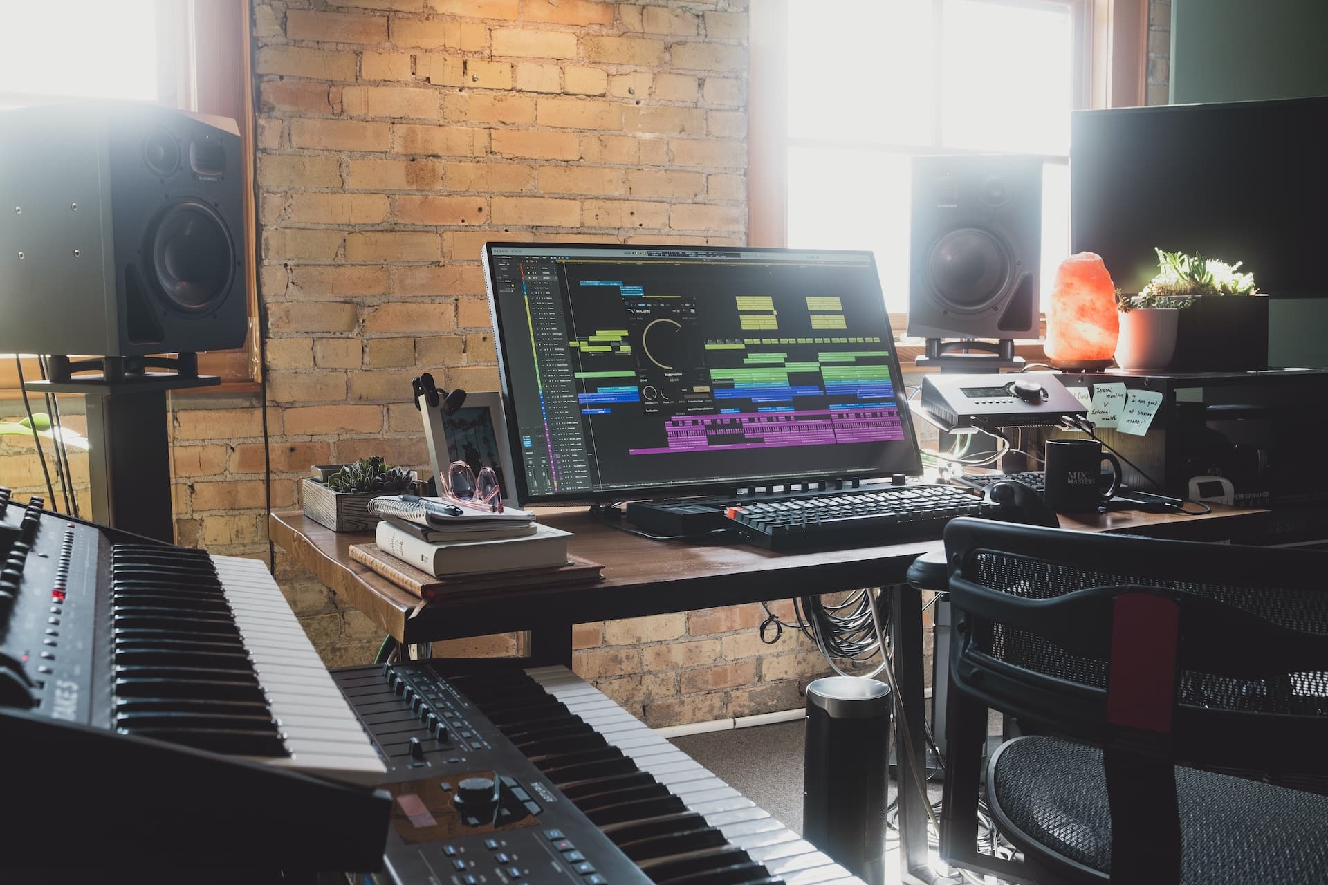 Audio producer at a mixing desk in purple and blue light