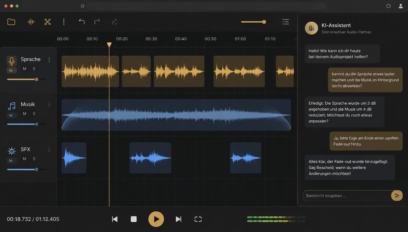 Audiobird Studio: Mehrspur-Editor mit Sprache, Musik, Soundeffekten und KI-Assistent