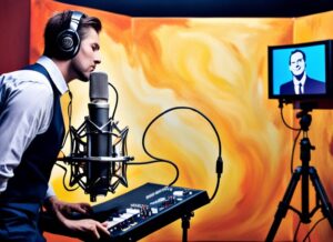 junger Mann an einem professionellen Kondensatormikrofon in einem professionellen Tonstudio mit einem Fernseher
